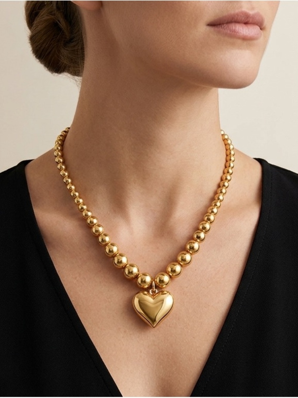 Polished Gold Heart Bead Necklace - Women